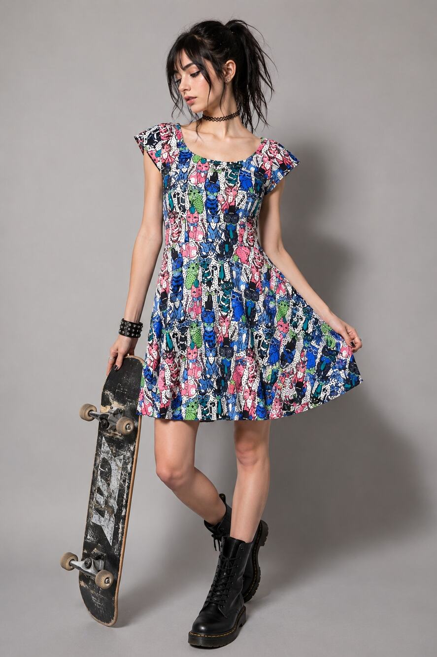 Kitty Print Multicolor skater Dress size small